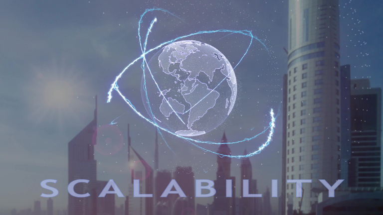 Scalability text with 3d hologram of the planet Earth against the backdrop of the modern metropolis